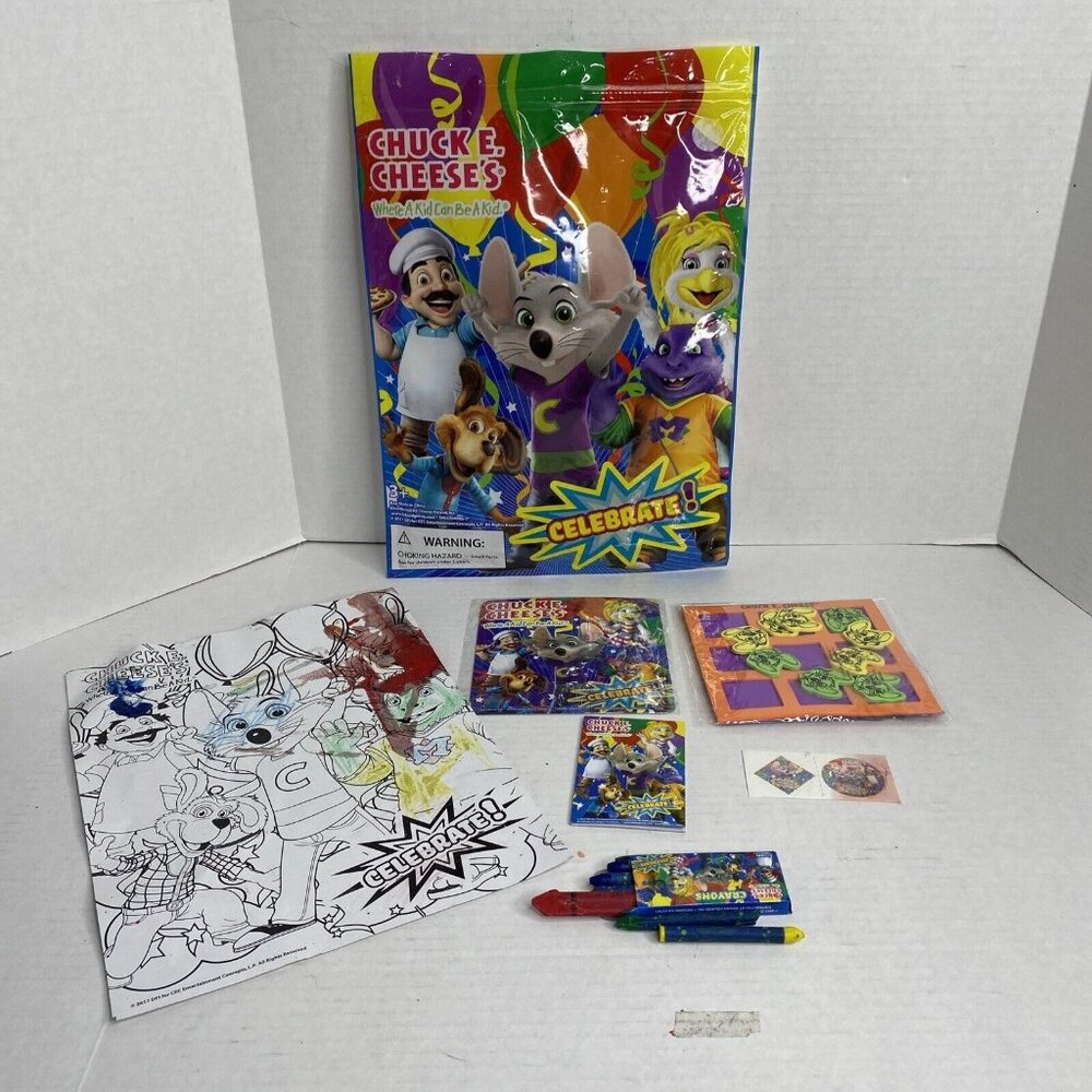 Chuck E Cheese Puzzle Checkers Game Tatoo Note Pad Color Crayons Lot